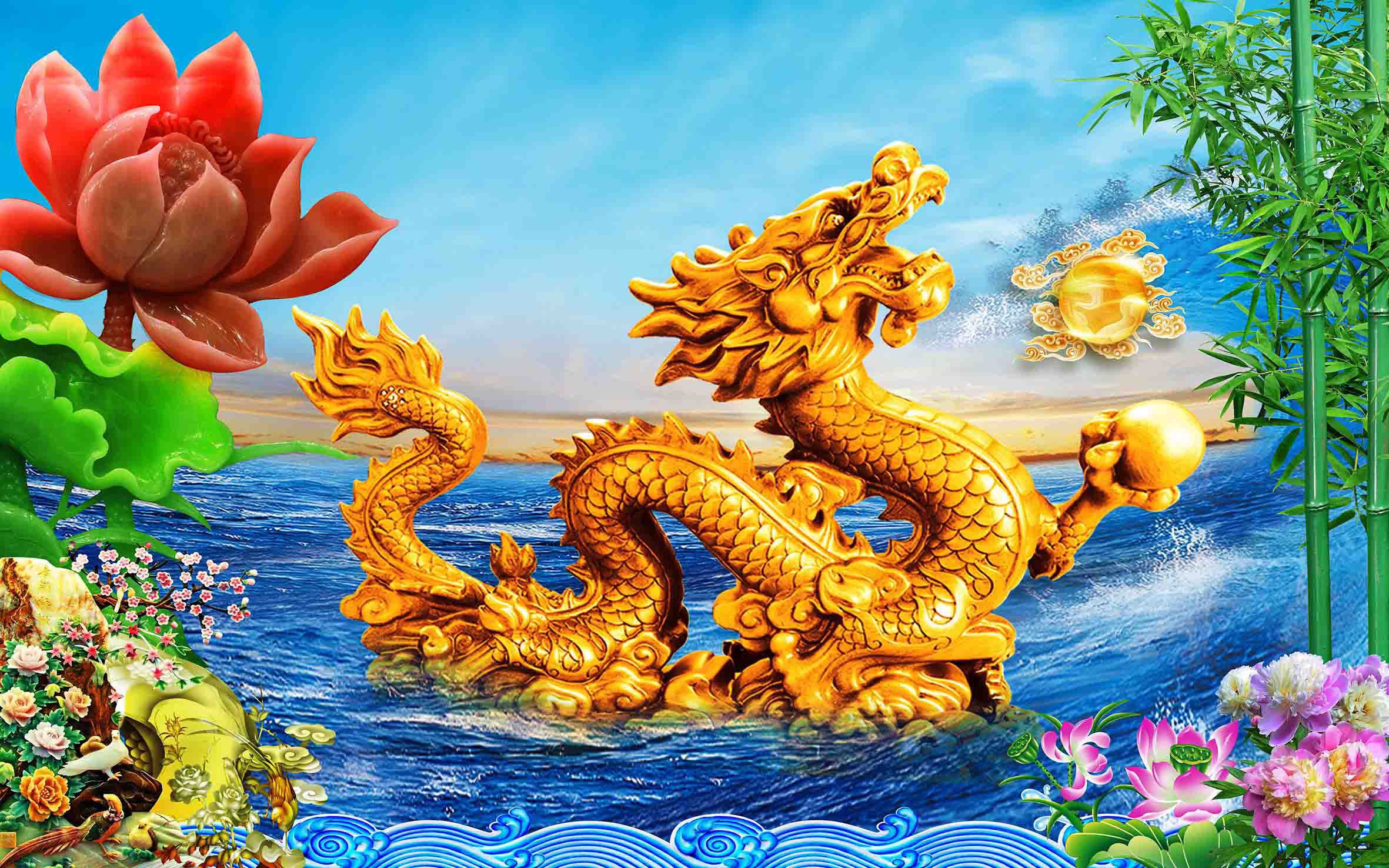 tranh gạch 3d rồng bay trên biển