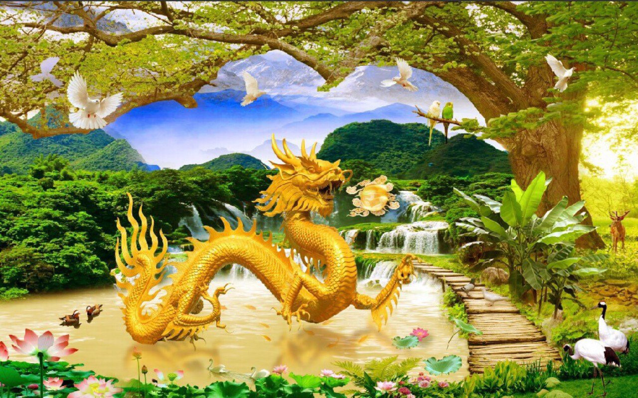 tranh gạch 3d rồng bay xuống núi